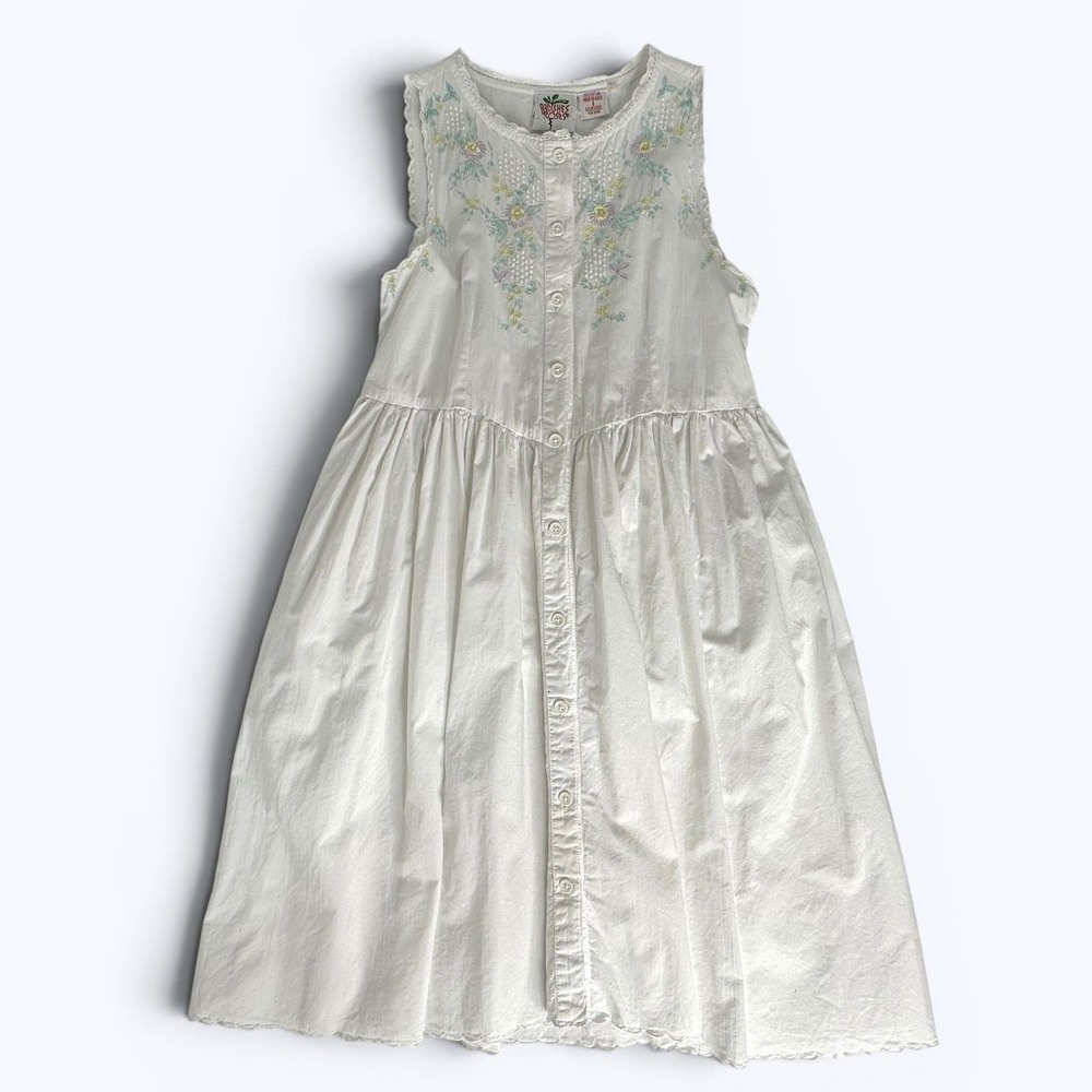 Vtg Radishes & Roses Dress White Cotton Embroidered Pockets Cottagecore Girls 8